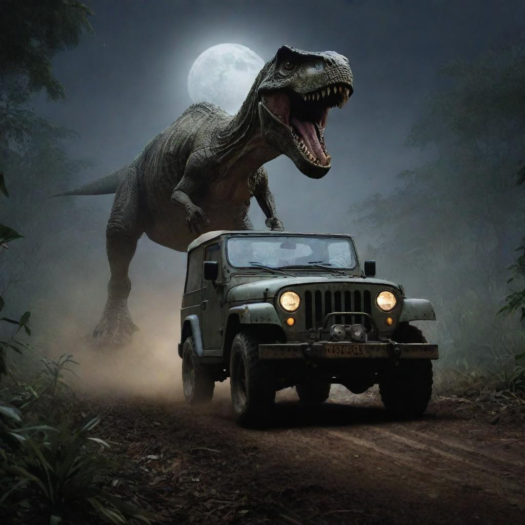 Generate a high-adrenaline image of Alan Grant fleeing in his Jeep, glancing back in terror at the T-Rex emerging from the jungle and chasing him under the stark moonlight.