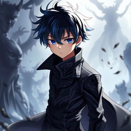 A young boy with black and blue hair, inspired by Muichiro Tokito's appearance but with slight differences