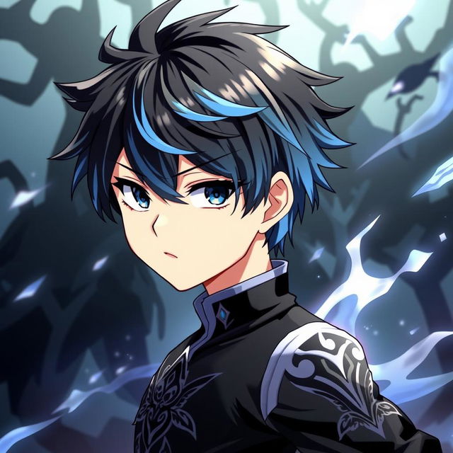 A young boy with black and blue hair, inspired by Muichiro Tokito's appearance but with slight differences