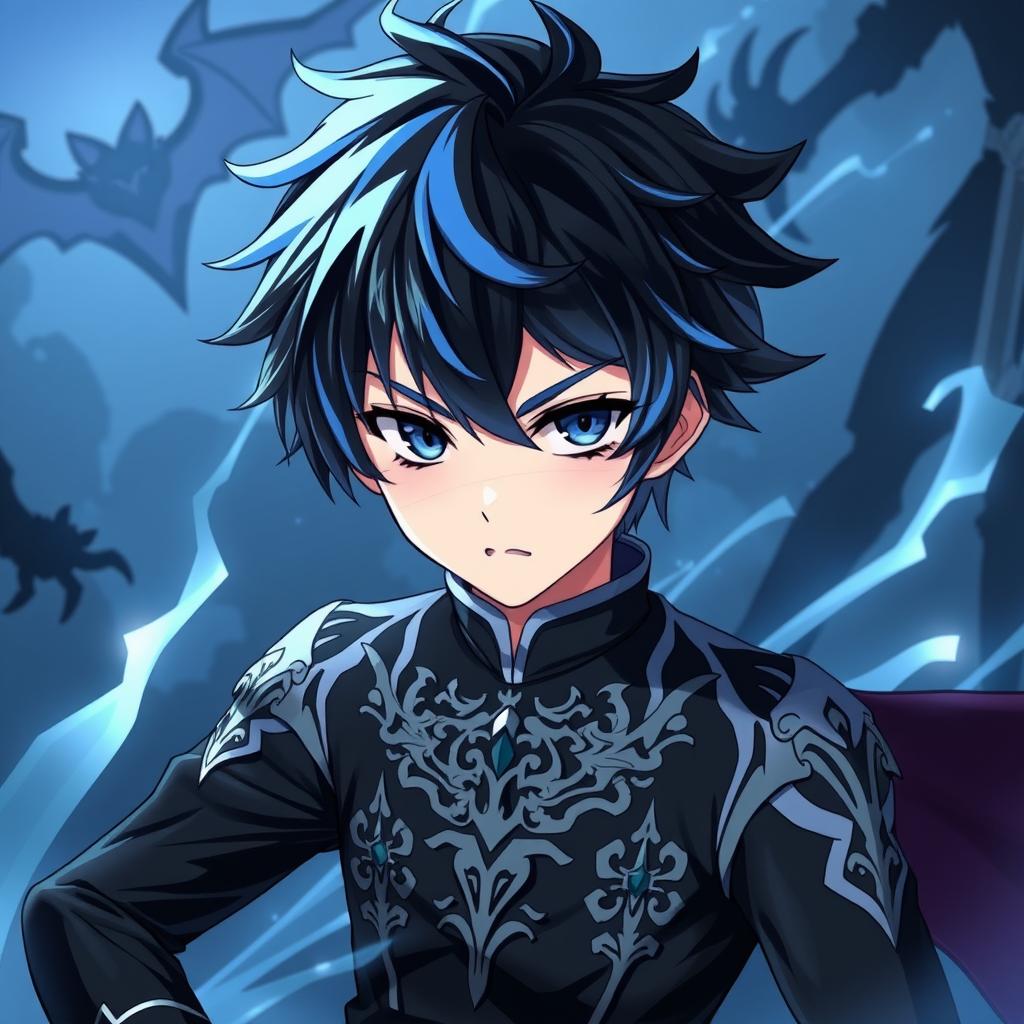 A young boy with black and blue hair, inspired by Muichiro Tokito's appearance but with slight differences