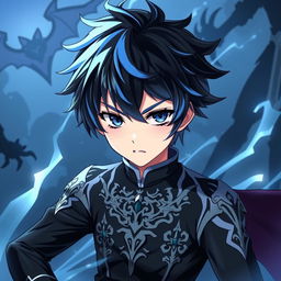 A young boy with black and blue hair, inspired by Muichiro Tokito's appearance but with slight differences