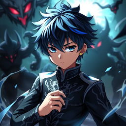 A young boy with black and blue hair, inspired by Muichiro Tokito's appearance but with slight differences