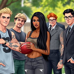 In the center of the image, Kayla, a striking young woman with tanned skin and long black hair, stands confidently