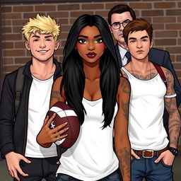 In the center of the image, Kayla, a striking young woman with tanned skin and long black hair, stands confidently