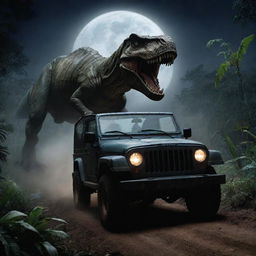 Generate a high-adrenaline image of Alan Grant fleeing in his Jeep, glancing back in terror at the T-Rex emerging from the jungle and chasing him under the stark moonlight.