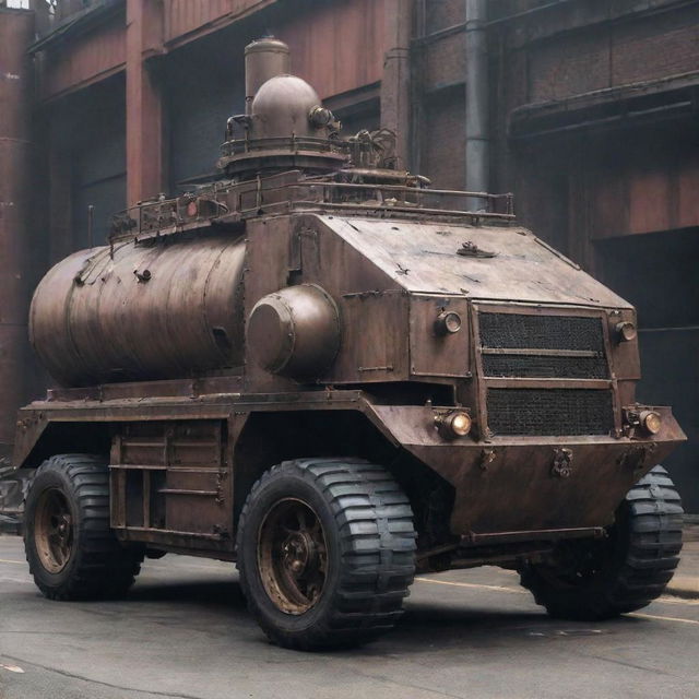 A Factorypunk armored vehicle, embodying the might and rawness of industrial revolution factories. The vehicle sports heavy metallic exterior, complicated machinery, large smokestacks releasing steam, and accents of metal and iron, capturing the essence of a bustling factory