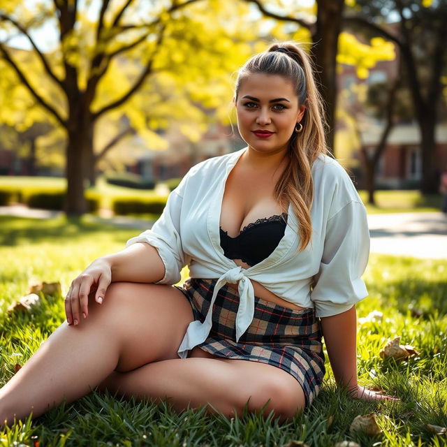 A curvy and plump 40-year-old woman with brown eyes and long blonde hair styled in a ponytail