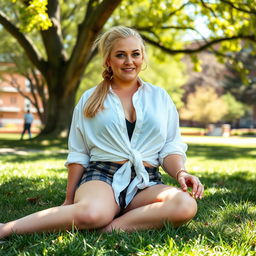 A curvy and plump 40-year-old woman with brown eyes and long blonde hair styled in a ponytail
