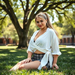 A curvy and plump 40-year-old woman with brown eyes and long blonde hair styled in a ponytail