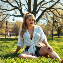 A curvy and plump 40-year-old woman with brown eyes and long blonde hair styled in a ponytail