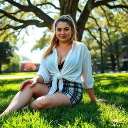 A curvy and plump 40-year-old woman with brown eyes and long blonde hair styled in a ponytail