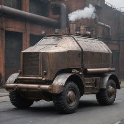 A Factorypunk armored vehicle, embodying the might and rawness of industrial revolution factories. The vehicle sports heavy metallic exterior, complicated machinery, large smokestacks releasing steam, and accents of metal and iron, capturing the essence of a bustling factory