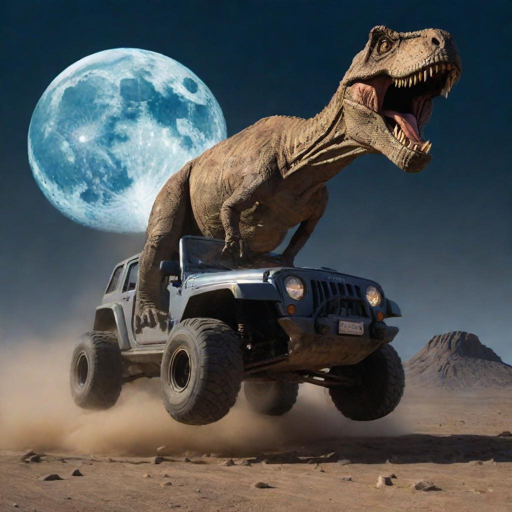 Create a tumultuous image of the T-Rex swiping its tail and flipping Alan Grant's Jeep, the momentum captured mid-air under the cold, harsh light of the moon, with the gigantic dinosaur roaring in the background.