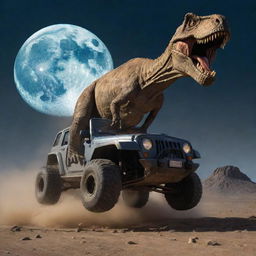 Create a tumultuous image of the T-Rex swiping its tail and flipping Alan Grant's Jeep, the momentum captured mid-air under the cold, harsh light of the moon, with the gigantic dinosaur roaring in the background.