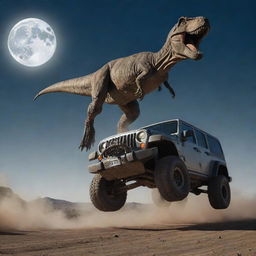 Create a tumultuous image of the T-Rex swiping its tail and flipping Alan Grant's Jeep, the momentum captured mid-air under the cold, harsh light of the moon, with the gigantic dinosaur roaring in the background.