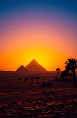 A stunning landscape of the Egyptian deserts, featuring the Great Pyramids of Giza in the background under a vibrant sunset sky