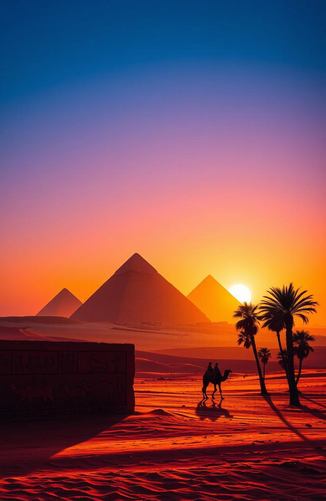 A stunning landscape of the Egyptian deserts, featuring the Great Pyramids of Giza in the background under a vibrant sunset sky