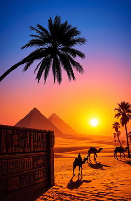 A stunning landscape of the Egyptian deserts, featuring the Great Pyramids of Giza in the background under a vibrant sunset sky
