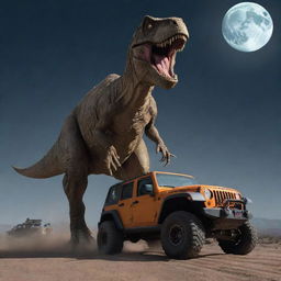 Create a tumultuous image of the T-Rex swiping its tail and flipping Alan Grant's Jeep, the momentum captured mid-air under the cold, harsh light of the moon, with the gigantic dinosaur roaring in the background.