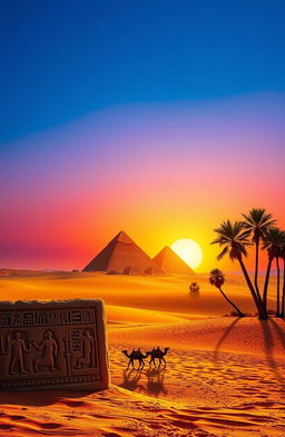 A stunning landscape of the Egyptian deserts, featuring the Great Pyramids of Giza in the background under a vibrant sunset sky