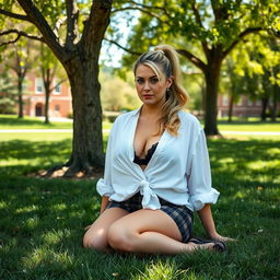 A curvy and plump 40-year-old woman with captivating brown eyes and long blonde hair styled elegantly in a ponytail