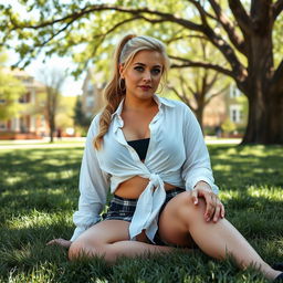 A curvy and plump 40-year-old woman with captivating brown eyes and long blonde hair styled elegantly in a ponytail