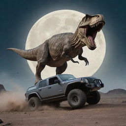 Create a tumultuous image of the T-Rex swiping its tail and flipping Alan Grant's Jeep, the momentum captured mid-air under the cold, harsh light of the moon, with the gigantic dinosaur roaring in the background.