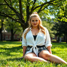 A curvy and plump 40-year-old woman with brown eyes and long blonde hair styled in a ponytail