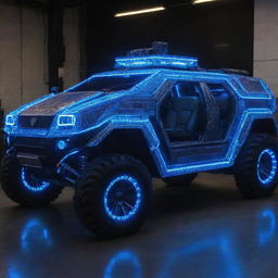 An Electropunk armored vehicle, bursting with electricity and neon lights. The vehicle features extensive use of vibrant, electric blue LED trims, complex circuitry designs over its metallic body, and electricity arcs jumping between parts, highlighting the car's energy source