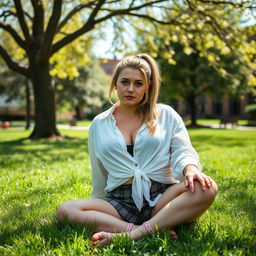 A curvy and plump 40-year-old woman with brown eyes and long blonde hair styled in a ponytail