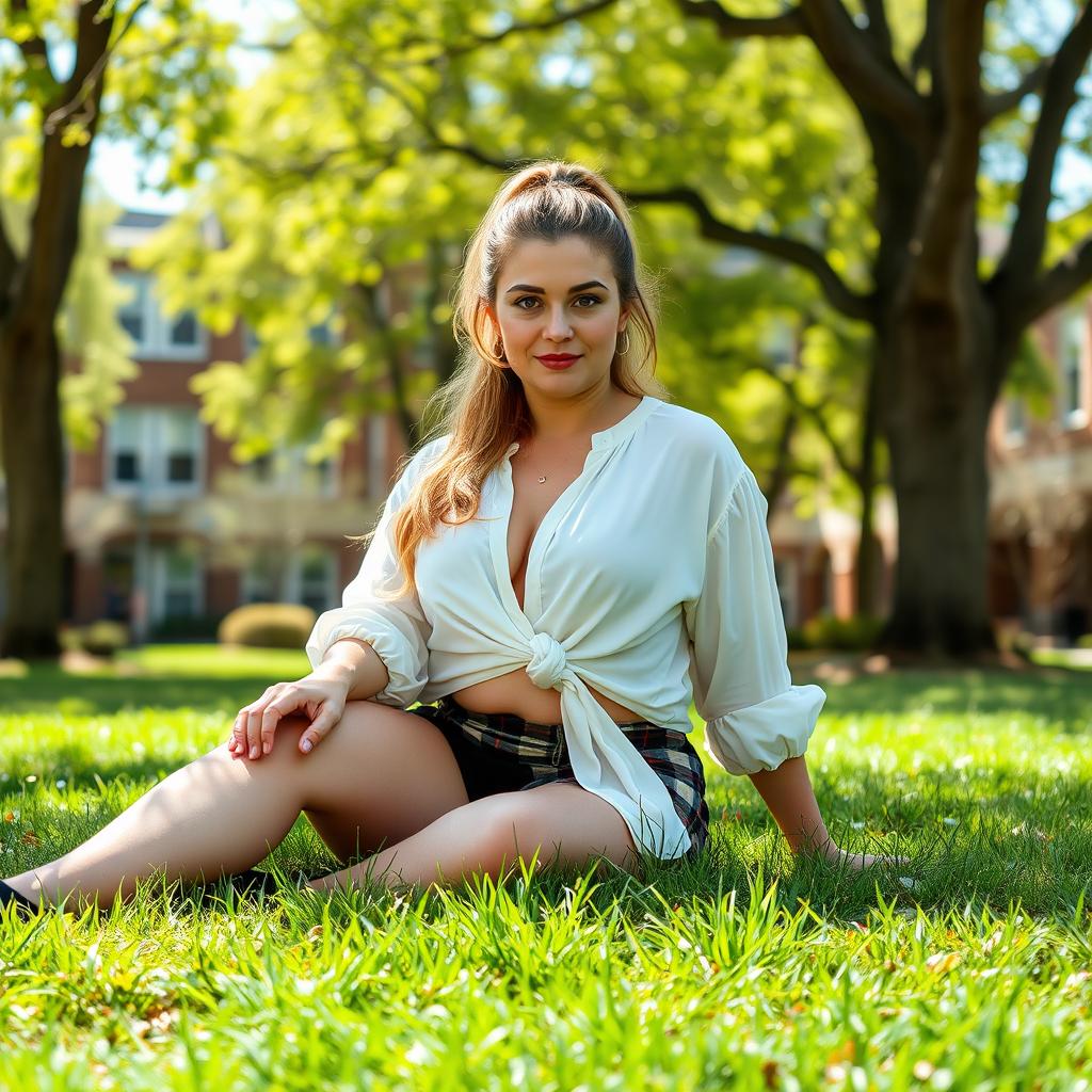 A curvy and plump 40-year-old woman with brown eyes and long blonde hair styled in a ponytail