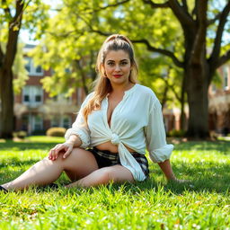 A curvy and plump 40-year-old woman with brown eyes and long blonde hair styled in a ponytail