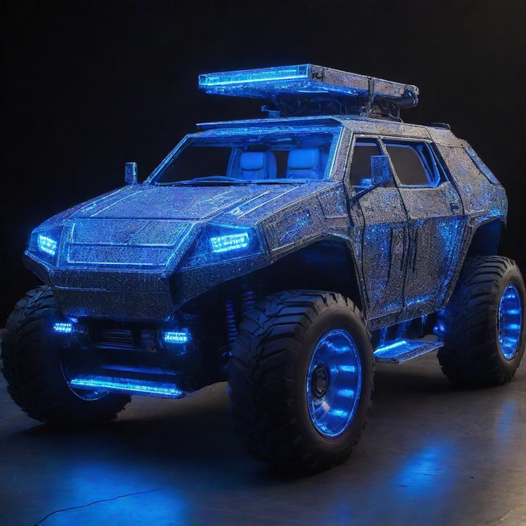 An Electropunk armored vehicle, bursting with electricity and neon lights. The vehicle features extensive use of vibrant, electric blue LED trims, complex circuitry designs over its metallic body, and electricity arcs jumping between parts, highlighting the car's energy source