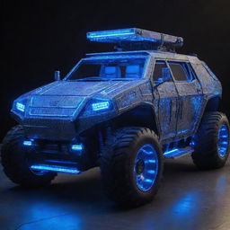 An Electropunk armored vehicle, bursting with electricity and neon lights. The vehicle features extensive use of vibrant, electric blue LED trims, complex circuitry designs over its metallic body, and electricity arcs jumping between parts, highlighting the car's energy source