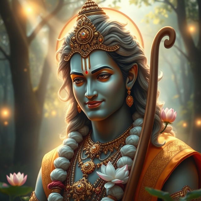 An ethereal depiction of Lord Ram, showcasing his divine beauty and serene presence