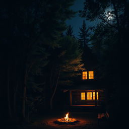 A serene night scene featuring a rustic wooden cabin nestled in a dense forest