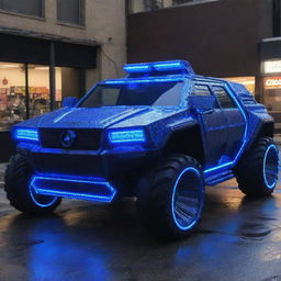 An Electropunk armored vehicle, bursting with electricity and neon lights. The vehicle features extensive use of vibrant, electric blue LED trims, complex circuitry designs over its metallic body, and electricity arcs jumping between parts, highlighting the car's energy source