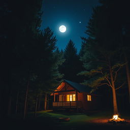A serene night scene featuring a rustic wooden cabin nestled in a dense forest