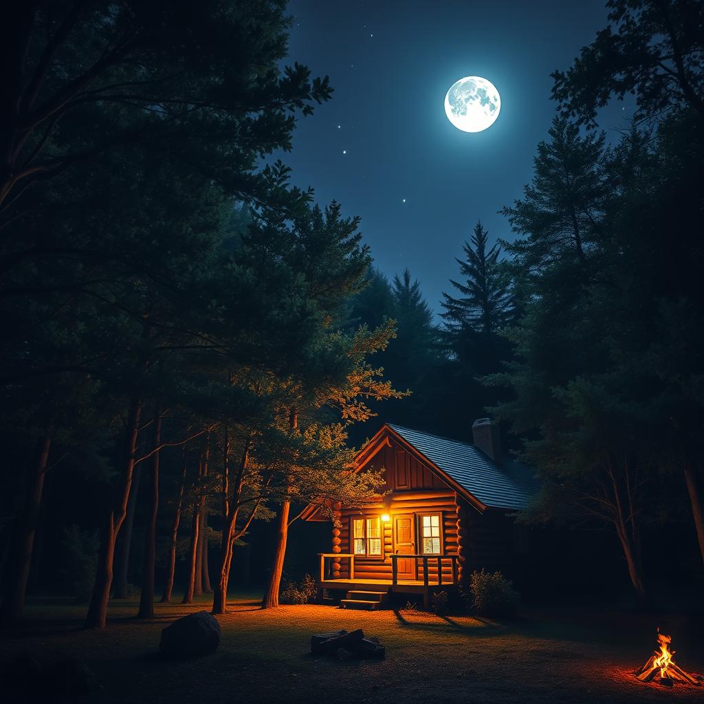 A serene night scene featuring a rustic wooden cabin nestled in a dense forest