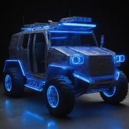 An Electropunk armored vehicle, bursting with electricity and neon lights. The vehicle features extensive use of vibrant, electric blue LED trims, complex circuitry designs over its metallic body, and electricity arcs jumping between parts, highlighting the car's energy source