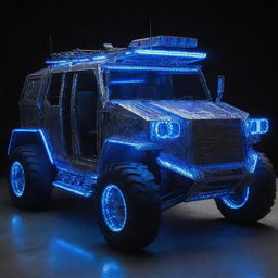 An Electropunk armored vehicle, bursting with electricity and neon lights. The vehicle features extensive use of vibrant, electric blue LED trims, complex circuitry designs over its metallic body, and electricity arcs jumping between parts, highlighting the car's energy source