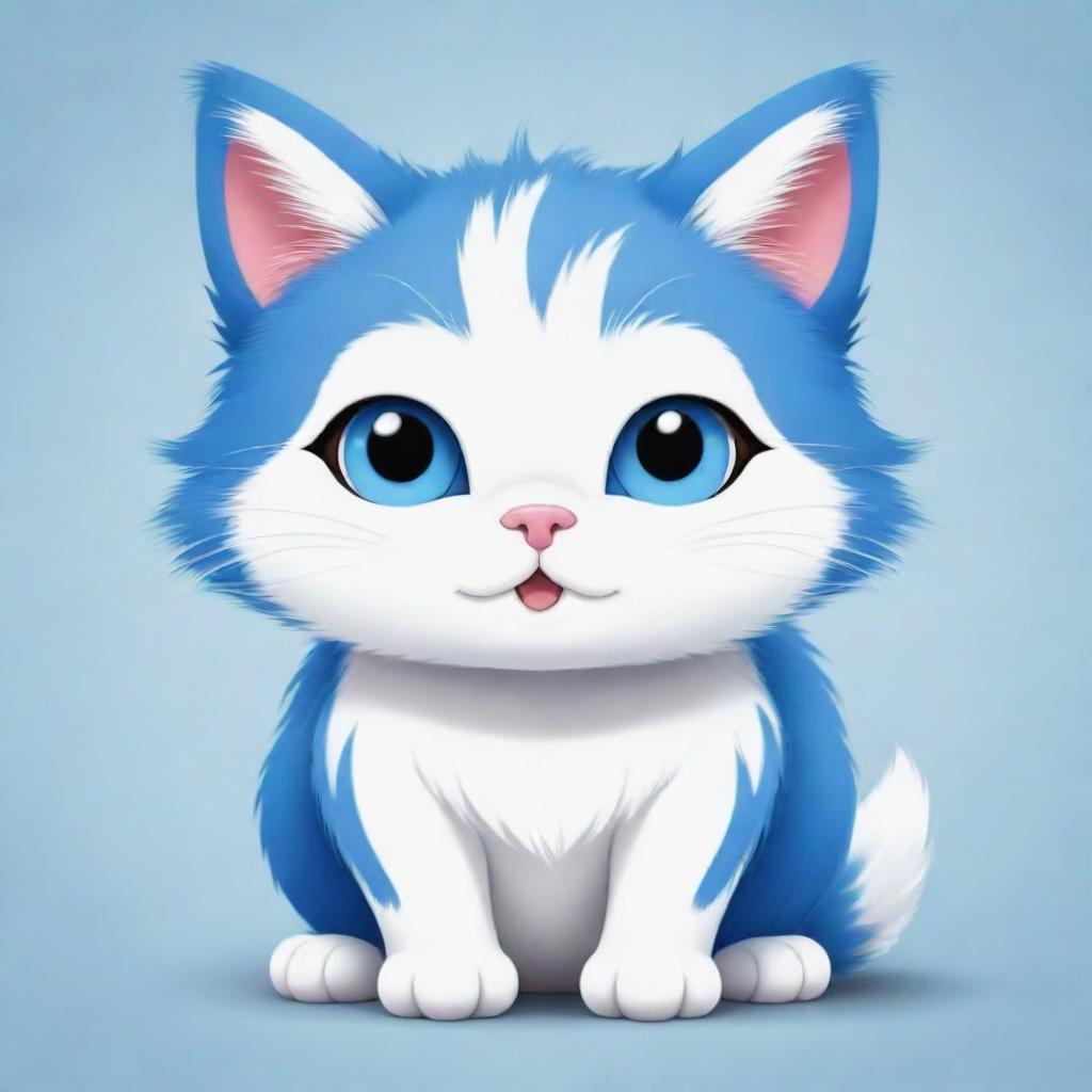 A charming cartoon-style cat with a vibrant blue and white fur color.