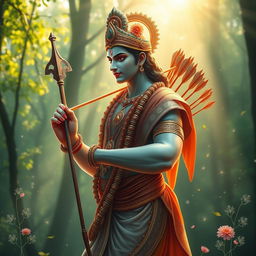 A serene and captivating image of Lord Ram, depicted in a graceful pose, showcasing his divine beauty
