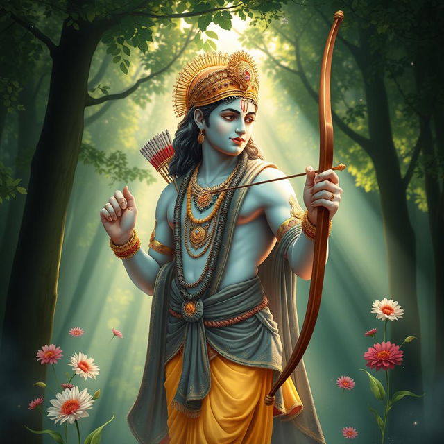 A serene and captivating image of Lord Ram, depicted in a graceful pose, showcasing his divine beauty