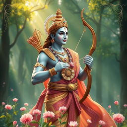 A serene and captivating image of Lord Ram, depicted in a graceful pose, showcasing his divine beauty