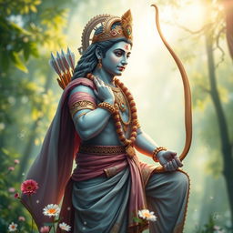 A serene and captivating image of Lord Ram, depicted in a graceful pose, showcasing his divine beauty