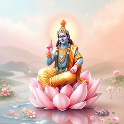 An artistic depiction of Lord Ram, radiating divine beauty and tranquility, seated gracefully on a lotus flower surrounded by an ethereal aura