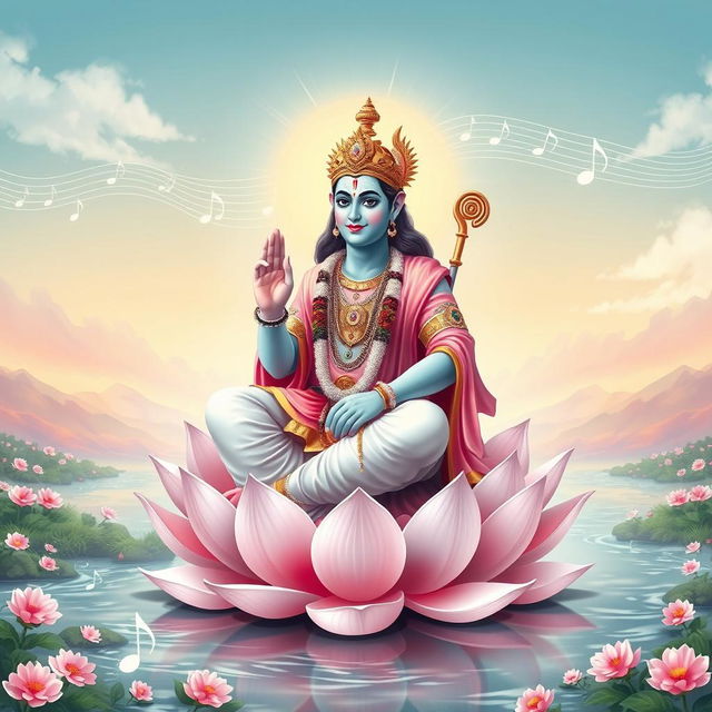 An artistic depiction of Lord Ram, radiating divine beauty and tranquility, seated gracefully on a lotus flower surrounded by an ethereal aura