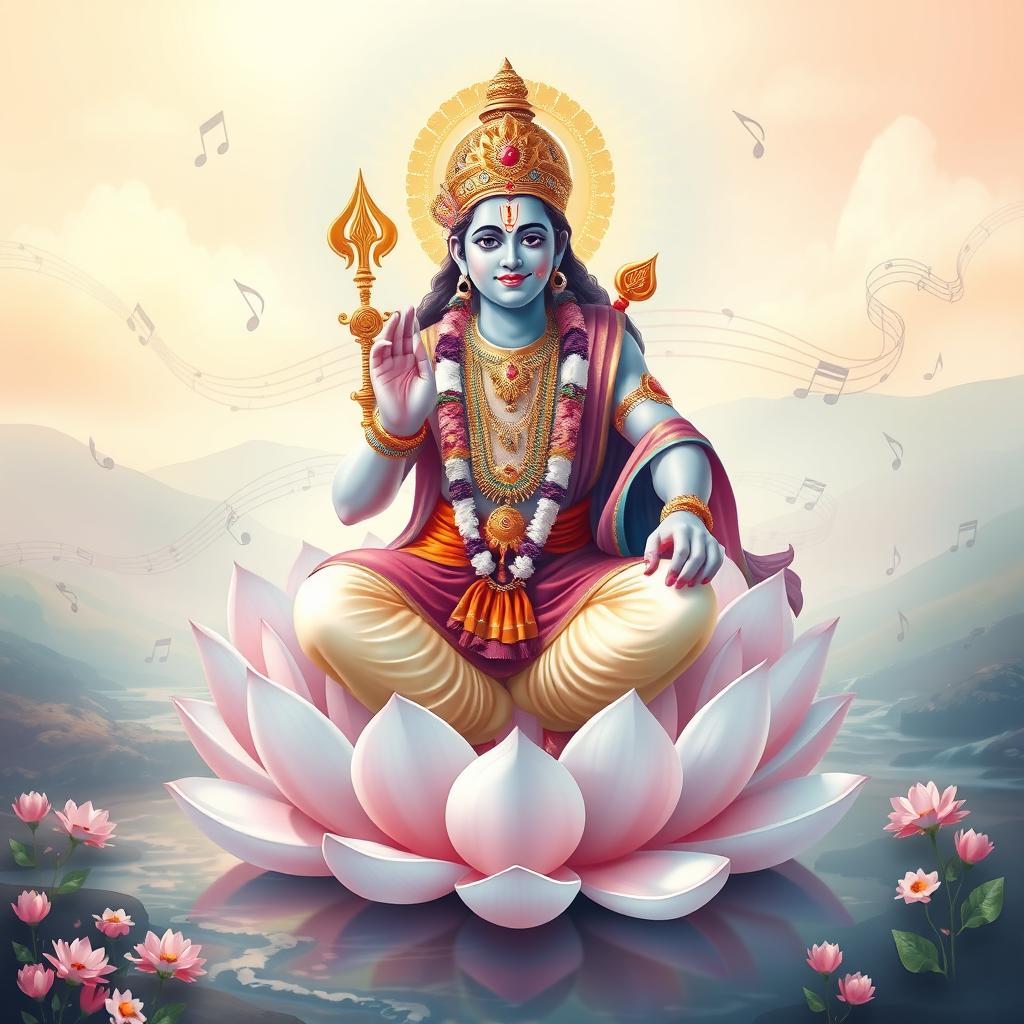 An artistic depiction of Lord Ram, radiating divine beauty and tranquility, seated gracefully on a lotus flower surrounded by an ethereal aura