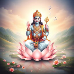 An artistic depiction of Lord Ram, radiating divine beauty and tranquility, seated gracefully on a lotus flower surrounded by an ethereal aura